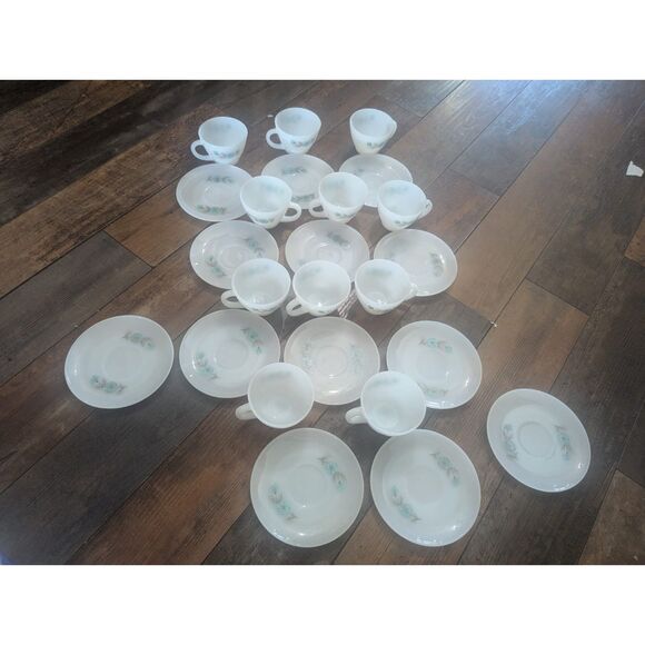 Fire King Blue Floral Milk Glass Tea Cup & Saucer Set – 11 Sets + 2 Extra Plates - Picture 4 of 4